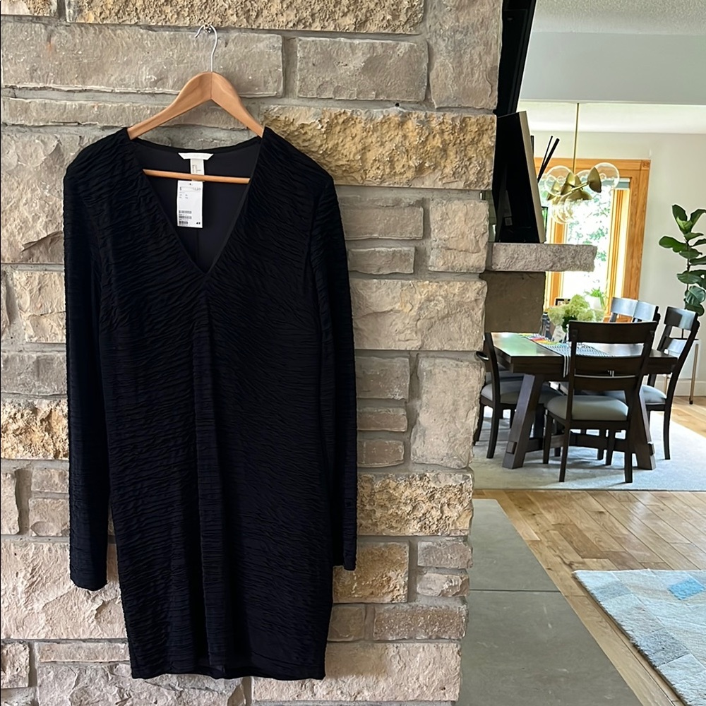 H&M Black Ruched V-Neck Long Sleeve Mini Dress Size Xl